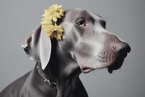 ai generiert Hund mit Blumen, Frühling Konzept foto