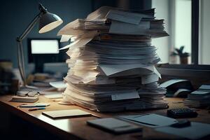 ein groß Stapel von Papiere im das Büro auf das Schreibtisch. Geschäft Analytik. generativ ai foto