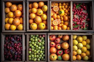 Obst im hölzern Kisten, angezeigt beim das asiatisch Gemüse Markt. Aussicht von das oben. generativ ai foto