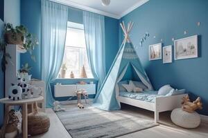 modern Design von ein Kinder Zimmer zum ein wenig Junge im Blau. generativ ai foto