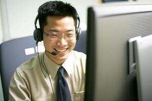 das japanisch Mann ist lächelnd, Sitzung beim seine Schreibtisch tragen ein Headset. Arbeiten im ein Anruf Center. generativ ai. foto