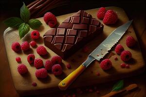Schokolade Süßigkeiten und Himbeere. generativ ai foto