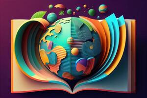 Welt Buch Tag Konzept. Globus Formen mit das Buch. generativ ai foto