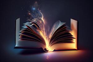 öffnen Magie Buch mit Licht Kommen aus. generativ ai foto