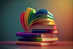 Stapel von Bücher im das farbig Startseite im das gestalten von ein Herz. generativ ai foto