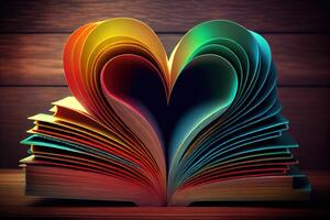 Herz gemacht von Bücher auf Weiß hölzern rustikal Raum. generativ ai foto