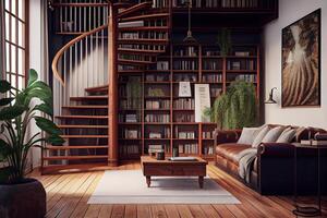 rot Leben Zimmer mit hölzern Treppe und Bücherregal. generativ ai foto