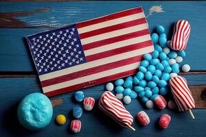 USA Flagge mit köstlich Süßigkeiten auf Blau hölzern Hintergrund. glücklich Arbeit Tag. generativ ai foto