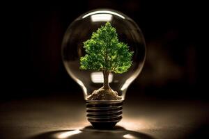 ein Grün Baum ist abgebildet Innerhalb ein Licht Birne, neben ein Energie Ressourcen Symbol, Darstellen das Bedeutung von Elektrizität und Energie Erhaltung ai generativ foto