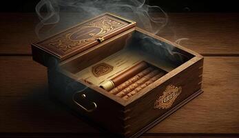 realistisch Illustration von Zigarre Zigaretten im ein klassisch hölzern Box mit Rauch Wirkung, generativ ai foto