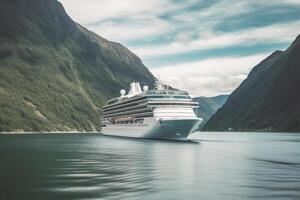 groß Kreuzfahrt Schiff im Fjorde. Tourismus Ferien und Sommer- reisen. generativ ai foto