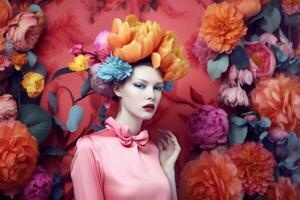 ai generiert Frau mit bunt Blumen, Frühling Konzept foto