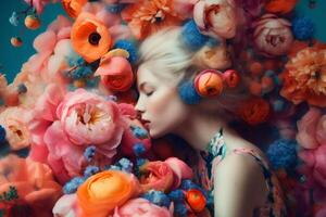 ai generiert Frau mit bunt Blumen, Frühling Konzept foto