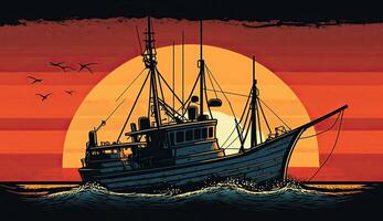 ai generiert. ai generativ. Angeln Boot beim Sonnenuntergang Meer Ozean. können Sein benutzt zum Grafik Design oder Zuhause Dekor. Grafik foto