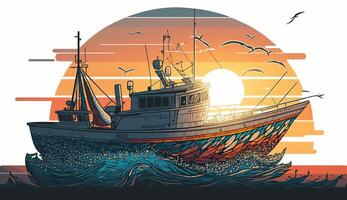ai generiert. ai generativ. Angeln Boot beim Sonnenuntergang Meer Ozean. können Sein benutzt zum Grafik Design oder Zuhause Dekor. Grafik foto