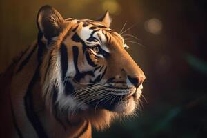 ein schließen oben von ein Bengalen Tigers Gesicht im ein Wald. ai generiert foto