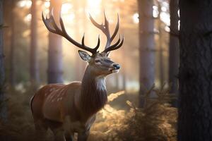 ein majestätisch Hirsch mit Geweih Stehen stolz im das Wald beim Dämmerung. ai generiert foto