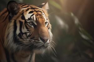 ein schließen oben von ein Bengalen Tigers Gesicht im ein Wald. ai generiert foto