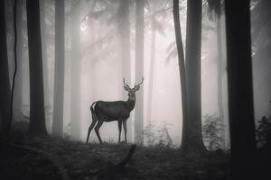 ein Hirsch im ein neblig Wald. ai generiert foto