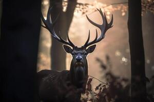 ein majestätisch Hirsch mit Geweih Stehen stolz im das Wald beim Dämmerung. ai generiert foto