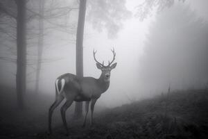 ein Hirsch im ein neblig Wald. ai generiert foto