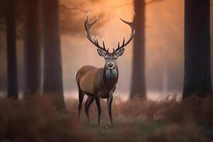 ein majestätisch Hirsch mit Geweih Stehen stolz im das Wald beim Dämmerung. ai generiert foto