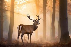 ein majestätisch Hirsch mit Geweih Stehen stolz im das Wald beim Dämmerung. ai generiert foto