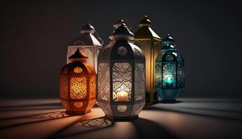 Kerze Licht Deckel auf Muslim Stil Laterne , verwenden wie Gruß auf Ramadan kareem Mubarak , Gebet zum Allah durch Fasten Essen und verbraucht nach Sonnenuntergang während heilig Monat von Ramadan, generativ ai foto