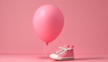 Rosa Baby Schuhe mit Ballon auf Rosa Hintergrund mit Raum zum Text. minimal Feiertag Konzept, generativ ai foto