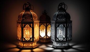 traditionell Arabisch Laternen zündete oben zum feiern das heilig Monat von Ramadan, generativ ai foto