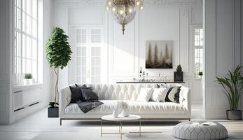 Weiß Leben Zimmer mit Sofa. skandinavisch Innere Design. 3d Illustration, generativ ai foto