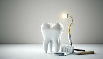 Weiß gesund Zahn, anders Werkzeuge zum Dental Pflege mit Weiß Tasche rund, generativ ai foto