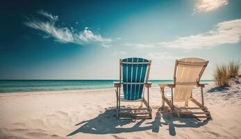 tolle tropisch Landschaft- Sommer- Szene mit Salon Stühle und Palme Bäume auf Weiß sandig Strand Hintergrund mit Meer Sicht, generativ ai foto