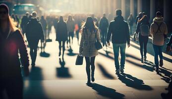 Menge von anonym Menschen Gehen auf Sonnenuntergang im das Stadt Straßen, generativ ai foto