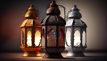 Kerze Licht Deckel auf Muslim Stil Laterne leuchtenden auf das dunkel, verwenden wie Gruß auf Ramadan kareem Mubarak, generativ ai foto