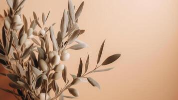 Olive Baum Ast auf Beige Hintergrund. Illustration ai generativ foto