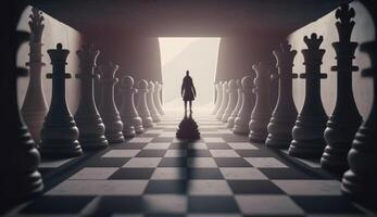 Silhouette von ein Mann Stehen auf ein Schachbrett. 3d Rendern ai generiert foto