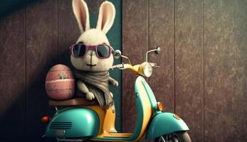 Ostern Hase mit Ei auf Roller. Ostern Urlaub Konzept. ai generiert foto