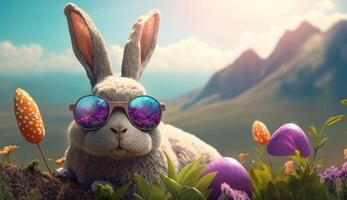 Ostern Hase tragen Sonnenbrille auf Gras mit Blumen gegen Berge im das Hintergrund ai generiert foto