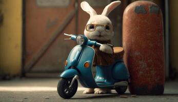 Ostern Hase auf Roller, Jahrgang Stil, selektiv Fokus ai generiert foto
