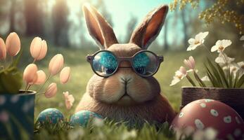 Ostern Hase mit Sonnenbrille auf das Hintergrund von Frühling Blumen und Ostern Eier ai generiert foto