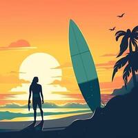 Surfer auf das Strand Illustration. Illustration ai generativ foto