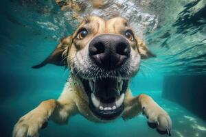 unter Wasser komisch Foto von Hund, tauchen tief runter. Sommer- Ferien mit Haustier. Nahansicht unter Wasser Foto von ein Hund. generativ ai Illustration