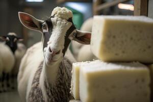 Produktion von organisch Ziege Käse und ein neugierig Ziege. generativ ai foto