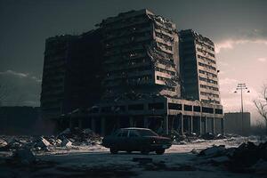 zerstört und verbrannt Gebäude im das ukrainisch Stadt. generativ ai foto