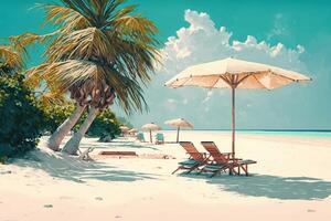 Liegestuhl mit ein Regenschirm auf ein tropisch Strand mit Palme Bäume in der Nähe von das Meer oder Ozean zum Entspannung. ai generiert. foto
