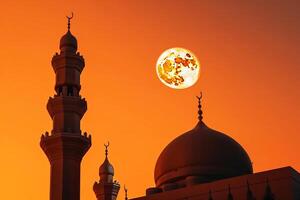 Muslim Urlaub Ramadan, Moschee im das Wolken im das Nacht von das Halbmond Mond. ai generiert. foto