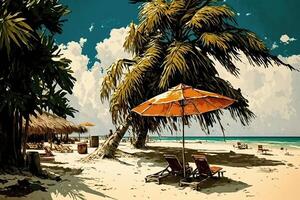Liegestuhl mit ein Regenschirm auf ein tropisch Strand mit Palme Bäume in der Nähe von das Meer oder Ozean zum Entspannung. ai generiert. foto