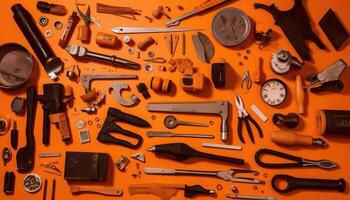 auffällig Knolling Bild, Arbeit Werkzeuge organisiert, beschwingt Orange Hintergrund. generativ ai foto