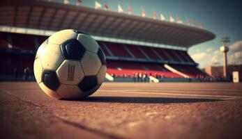 realistisch Illustration von ein Fußball Ball mit ein groß Fußball Stadion im das Hintergrund, generativ ai foto